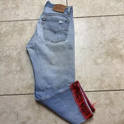 Vintage 90s Levi’s 501 Light Wash Aztec Trim Capri Denim Jeans USA Made Size 27 • $50