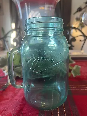 Mason Large 7” Tall Classic Clear Teal Blue Mason Jar Mug Tumbler Handle • $9.99