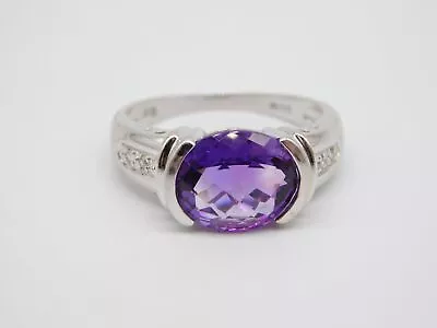 Vintage Designer 14k Solid White Gold Amethyst Diamond Stone Ring Size 7 • $399.99