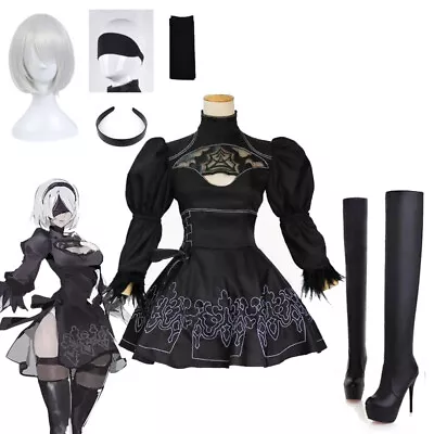 Nier Automata Yorha 2B Cosplay Suit Anime Women Costume Black Dress Wig Outfit • $37.52