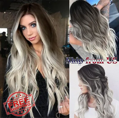Ash Gray Silver White Ombre Lace Long Wavy Curly Blonde Synthetic Wigs Hair • $17.99