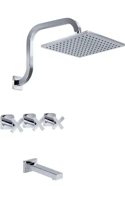 Phasat 3 Cross Handle Tub Shower Faucet Set With 9” Rainfall Head Chrome PU4D02 • $79.99