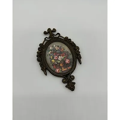 Vintage Italian Print Framed Picture Oval Ornate Metal Frame Wall Hanging Floral • $30.40