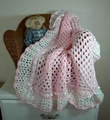 $38.99 • Buy  Hand-Crochet Pink & White Square Baby Blanket Afghan