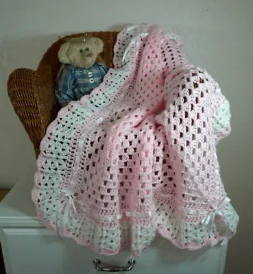  Hand-Crochet Pink & White Square Baby Blanket Afghan • $36.99