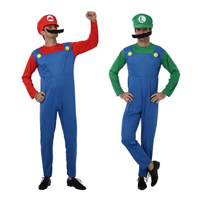 Mens Adult Super Mario And Luigi Fancy Dress Plumber Bros Halloween Costume • £10.98