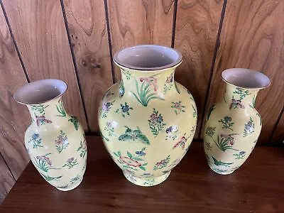 3 Vintage Yellow Asian Butterfly Flowers Vases Made In Macau Kaufmanns 1984 12” • $225