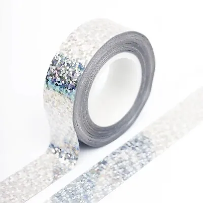 Silver Solid Foil Holographic Glitter Effect Washi Tape Decorative Tape 15mm X 5 • £3.85