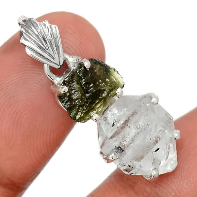 Natural Herkimer Diamond & Moldavite 925 Sterling Silver Pendant UR4 CP32594 • $29.99