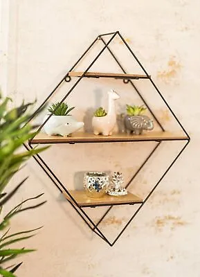 Wall Mounted Shelf Home Diamond Wood Metal Hanging Decor Storage Shelves • £10.99