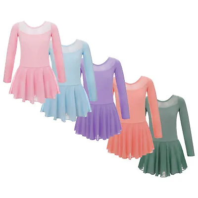 Kids Girls Activewear Ballroom Ballet Dress Sheer Leotard Mesh Dresses Team • $16.59