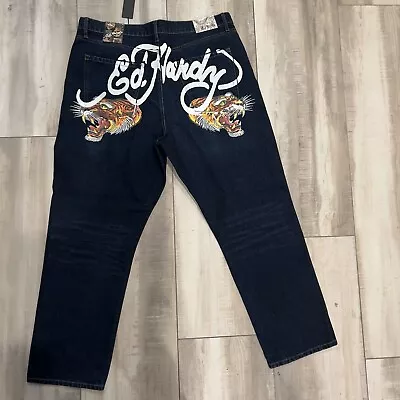 Ed Hardy Loose Fit Jeans Men's 38 Blue Denim Bengal Tiger Print NWT Dark • $55