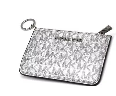 Michael Kors Jet Set Travel Zip Top Key Chain Coin Pouch Silver Signature Logo • $56.98