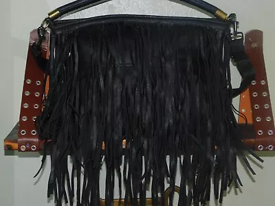 H & M Double Fringe Black Satchel ~ Shoulder Or Crossbody ~ Pebbled Faux Leather • $11