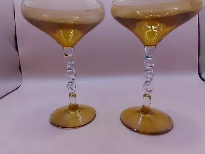 2 X Vintage Amber Coloured Champagne Glasses Unusual Twisted Stem Vgc • £10