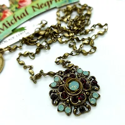 Michal Negrin Necklace Aqua Blue Red Crystals Flower Pendant Signed New Gift Box • $55.20