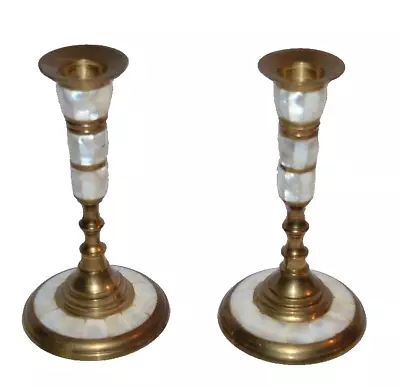 Vtg Pair Solid Brass Mother Of Pearl Abalone Inlay Taper Candle 6” Candlesticks • $35