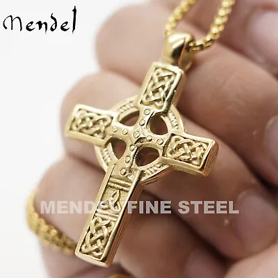 MENDEL 10K Gold Plated Irish Celtic Cross Pendant Necklace For Men Women Chain • $19.99