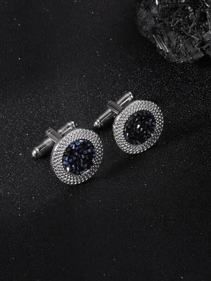 £6.99 • Buy Men's Round Silver And Blue Diamante Detail Suit Cufflinks Wedding Prom Gift
