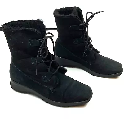 Maxine Of Canada Boots Women 8.5 Black Suede Sherpa Lined Fold Over Lace Up • $24.97