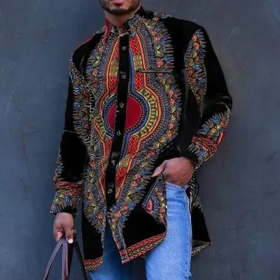 Mens Long Sleeve Longline African Dashiki Dress Shirt Ethnic Totem Print Tops • $29.99