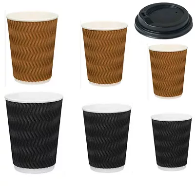 Paper Coffee Cups Ripple Wall Tea Cup Hot Beverage Cups W/ Black Lids 4 8 12Oz • $25