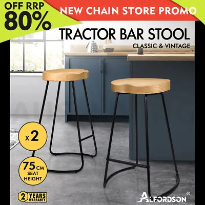 $144.85 • Buy ALFORDSON 2x Bar Stools 75cm Tractor Kitchen Wooden Vintage Chair Natural