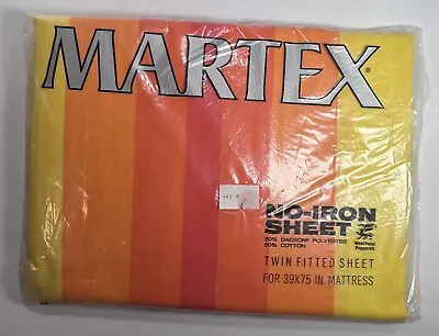 NEW Vintage  MARTEX Twin Fitted Bed Sheet Orange Red Yellow Striped • $14.99