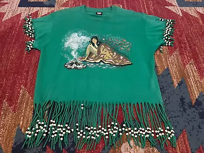 Mens Sz XL Cropped Beaded Native American Woman Print Vintage VTG T-Shirt Green • $19.90