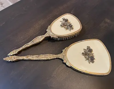 VTG 1950s Gold Ormolu Cream Moire Taffeta Vanity Set - Hair Brush And 13  Mirror • $79.99