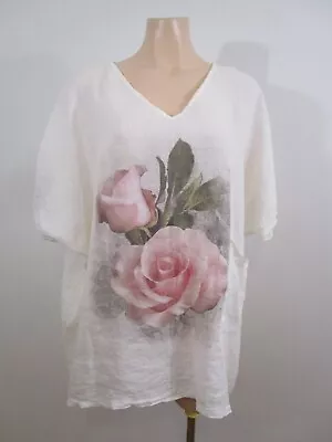 Made In Italy Size 18 White With Rose Print 100% Linen Top | Relaxed Style • $39