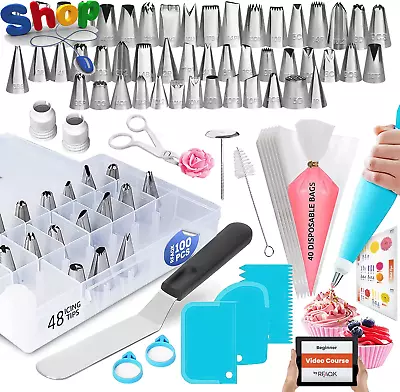 Piping  Bags  And  Nozzles |    100  Pcs  Cake  Decorating  Kit  With  Spatula - • £13.02