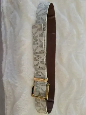  MICHAEL KORS CREAM BROWN GOLD MK LOGO WOMEN'S FAUX LEATHER BELT SIZE 40inches • $30