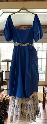 Vintage Blue Taffeta Gown Lace Puffy Sleeves 1980's • $65