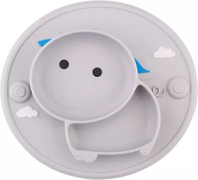 Baby Suction Plate Silicone Non Slip Toddler Divided Placemat Grey Pig BPA Free • £6.95