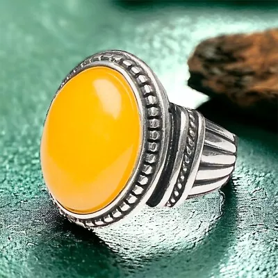 Men Yellow Natural Agate Men Ring Sterling Silver Vintage Oval Aqeeq • $52