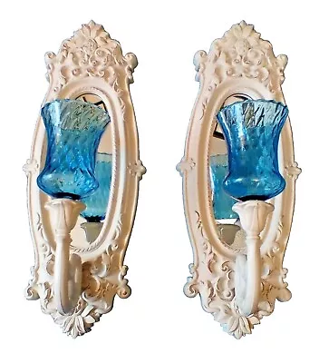  2 Vintage Wall Mirror Candle Holders 18  Scones Ornate White Blue Glass Votive • $125