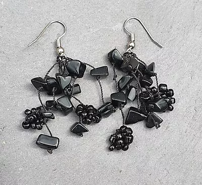 Black Onyx Gemstone & Glass Beads Flowing Multi Strand Chandelier Earrings • £7.95