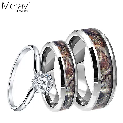 Mens Titanium Mossy Forest Oak Camo Band 925 Sterling Silver CZ Wedding Ring Set • $47.85