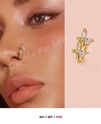 Butterfly Fake Nose Ring Slide On  Diamante Nose Hoop Small Cuff Stud Crawler • £3.49