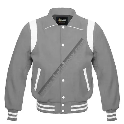 Varsity Letterman Retro Baseball Bomber Collared Jacket Wool Leather Unisex Grey • $139.99