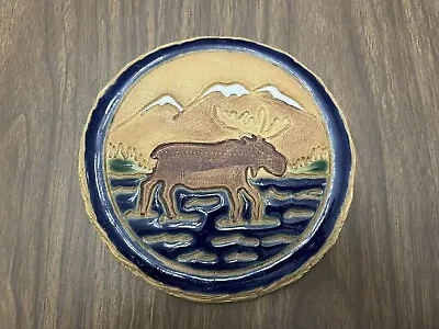 Handmade Signed Glazed Stoneware Circular Wilderness Mountain Moose Wall Plaque • $24.99