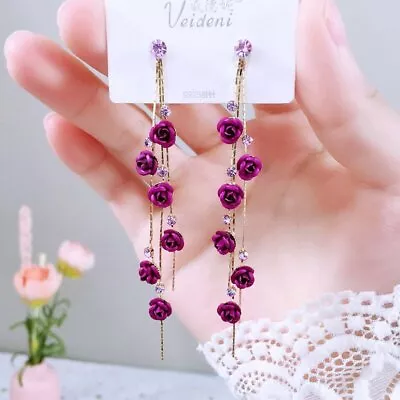 Fashion Rose Flower Crystal Tassel Earrings Stud Women Drop Dangle Party Jewelry • $2.16