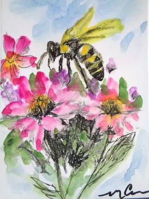 ACEO ATC  Sketch  -  BEE ON FLOWERS  Art • $11.99