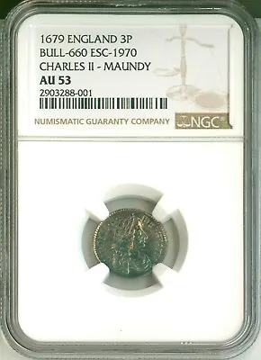 1679 England 3P Maundy Coin Bull - 660 ESC - 1970 Charles II NGC AU53 • $299.95