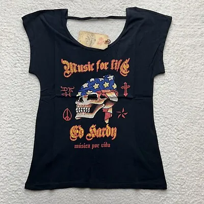 Ed Hardy Women’s T-Shirt Short Sleeve Color BLACK - MUSIC FOR LIFE Size: Medium • $8.98