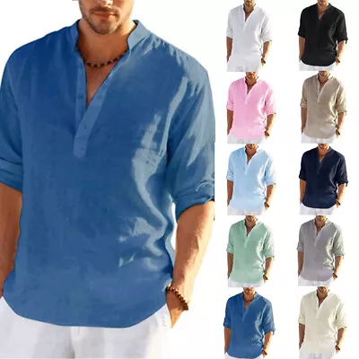 Mens Solid Linen Beach Shirts Cotton Casual Loose Summer Shirt Blouse Tops US • $17.56
