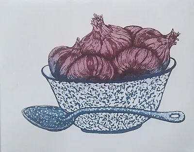 Martha Hinson Etching   In A Stew   Blue Speckle Bowl Spoon And Red Onions • $13.99
