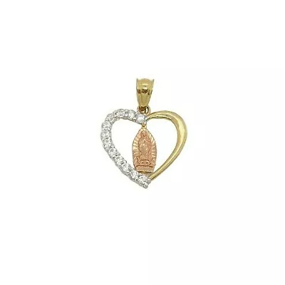 14k Gold CZ Our Lady Of Guadalupe Virgin Mary Tri-Color Heart Shape Pendant • $125.99