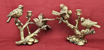 Birds On Branches Candlestick Holder Pair Metallic Soft Gold Finish 10  Wide EUC • $39.99